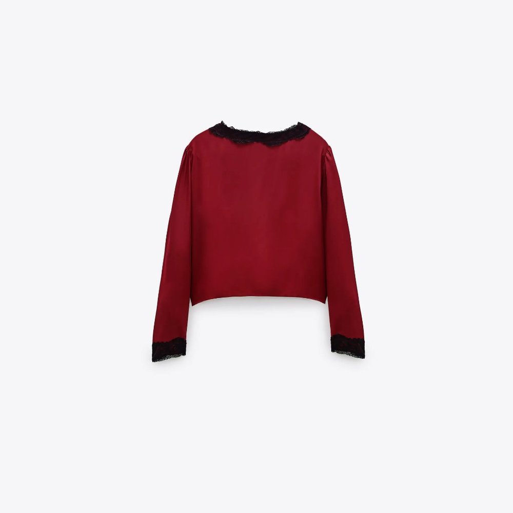 Zara burgundy & black lace-like accent blouse top - Picture 6 of 12